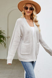 Light Gray waffle knit cardigan with patch pockets and open front.