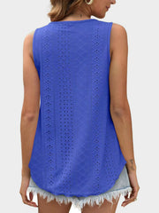 Royal Blue eyelet scoop-neck trapeze tank top with a curved hem.