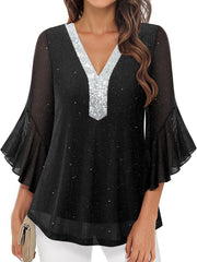 Black sequin V-neck blouse with sheer flutter sleeves and glitter detail.