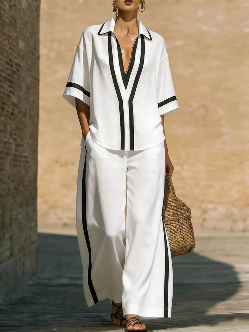 Contrast Trim Two-piece Top And Pants Set Plus Size, back view