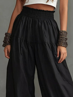 Full Size Smocked Ruffle Hem Wide Leg Pants in Mustard, close-up detail