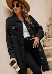 Black sherpa and corduroy patch pocket coat with button front and collar.