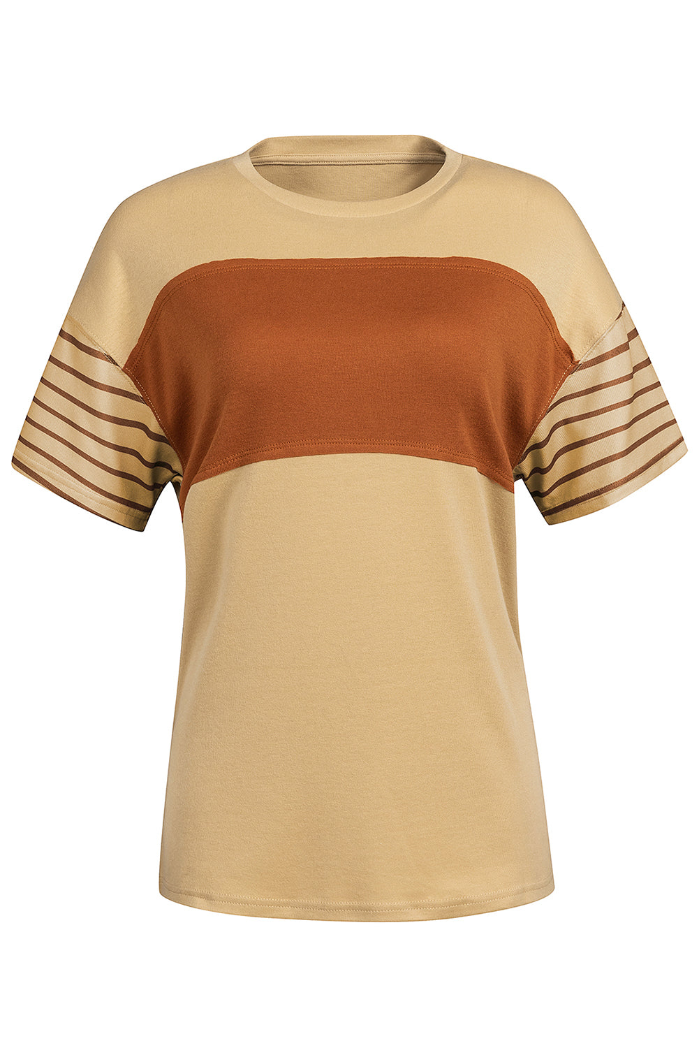 Colorblock raglan tee in tan and chocolate with striped sleeves and crew neck.