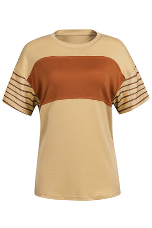 Colorblock raglan tee in tan and chocolate with striped sleeves and crew neck.