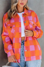 Overshirt with patch pockets in orange and pink check pattern, button front, collared, long sleeves.