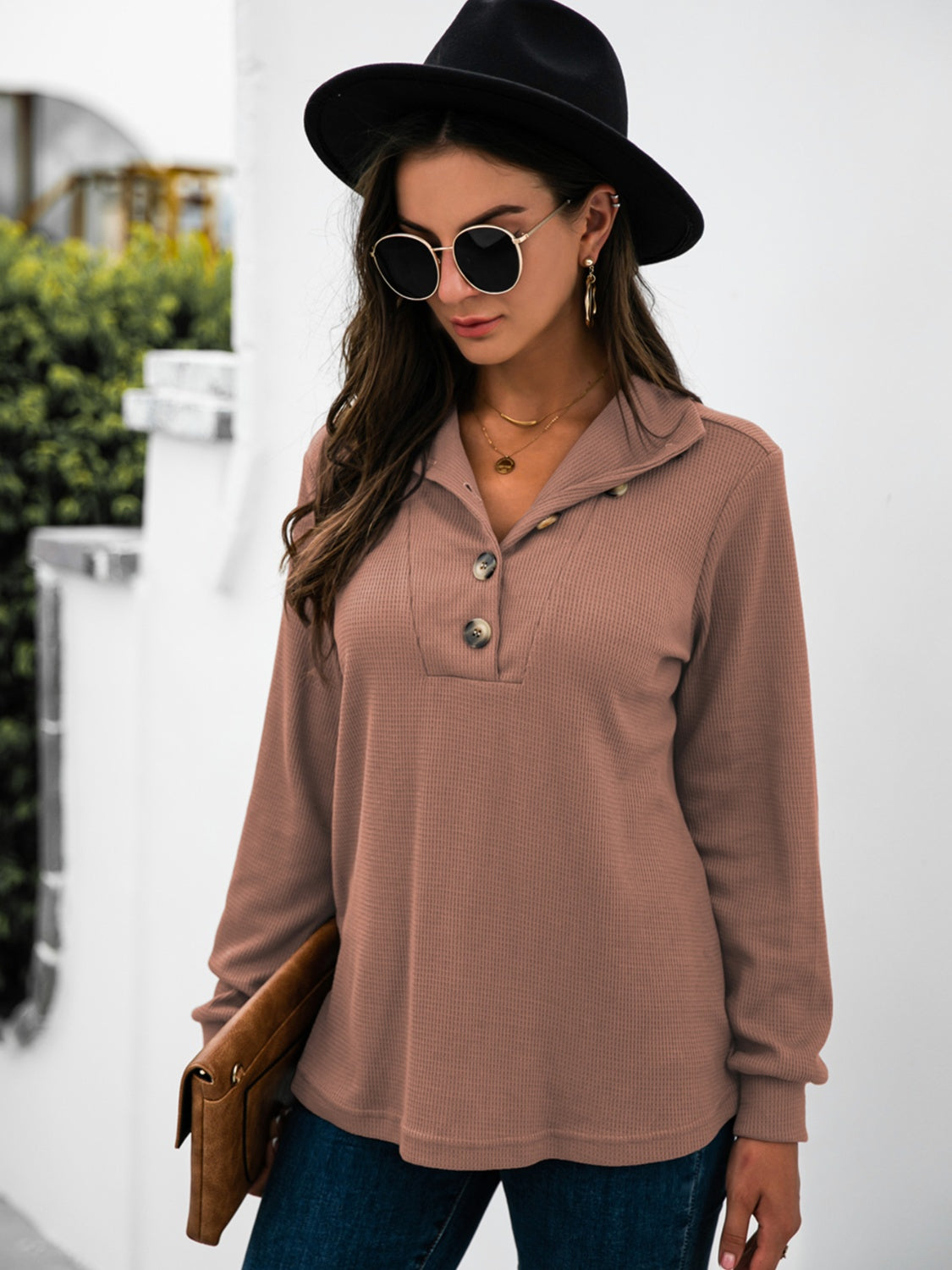 Button Chic Long Sleeve Tee in Dusty Pink with waffle texture and button collar detail.