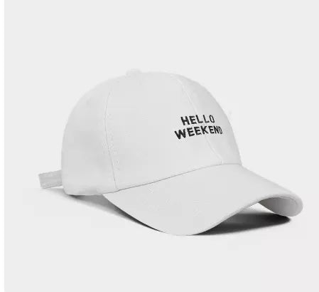 White cotton baseball cap with black embroidered "HELLO WEEKEND" text.