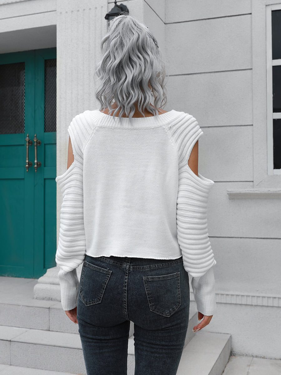White ribbed knit cold shoulder sweater with long sleeves