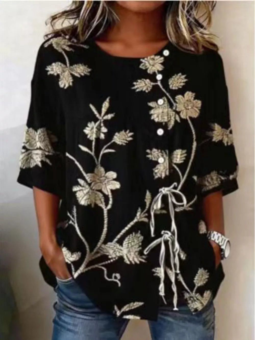 Embroidered Floral Tie Front Shirt Plus Size in Blue, editorial view