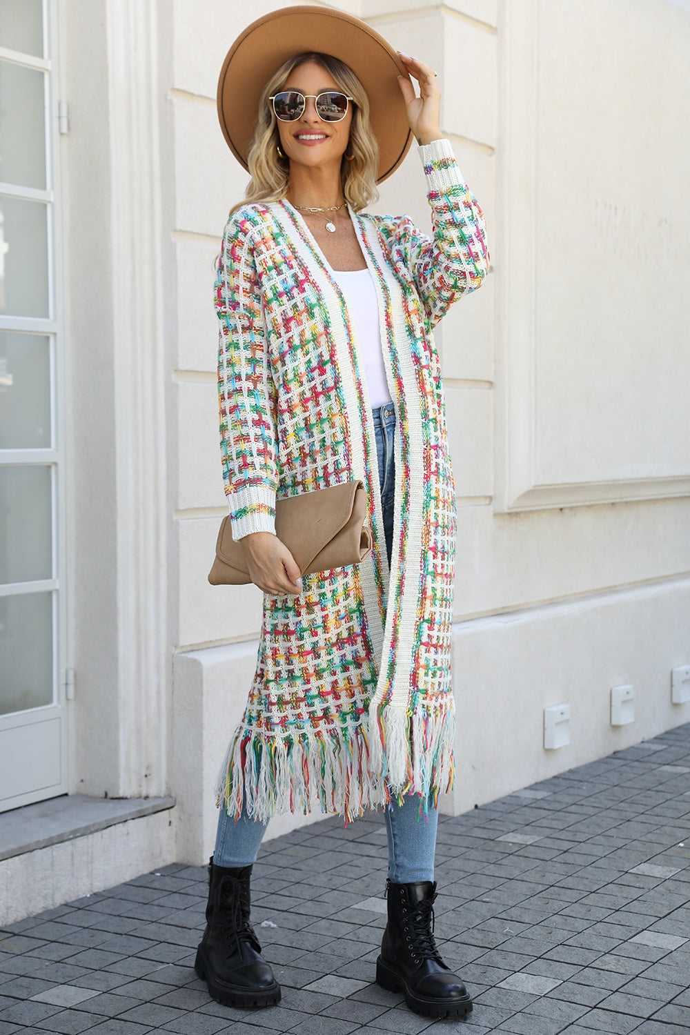 Chromatic crochet maxi cardigan with fringe detail in Multi color, acrylic material.