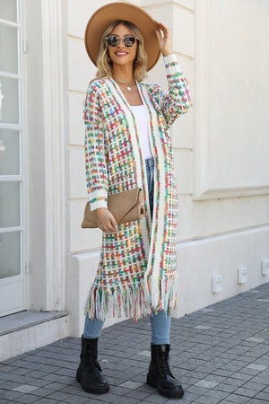 Chromatic crochet maxi cardigan with fringe detail in Multi color, acrylic material.