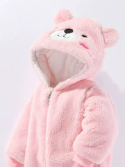 Pink bear hooded fleece one-piece snowsuit with embroidered face details.