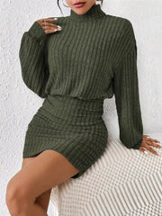 Moss ribbed turtleneck mini dress with long sleeves and ruched skirt detail