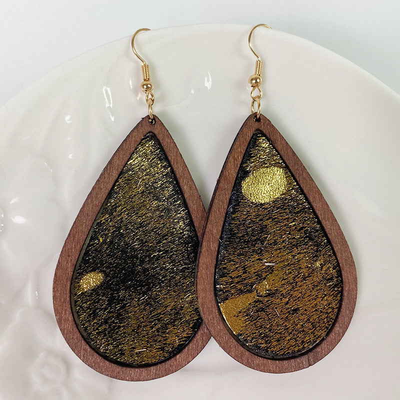 Teardrop wood earrings with black and gold metallic texture, Style B