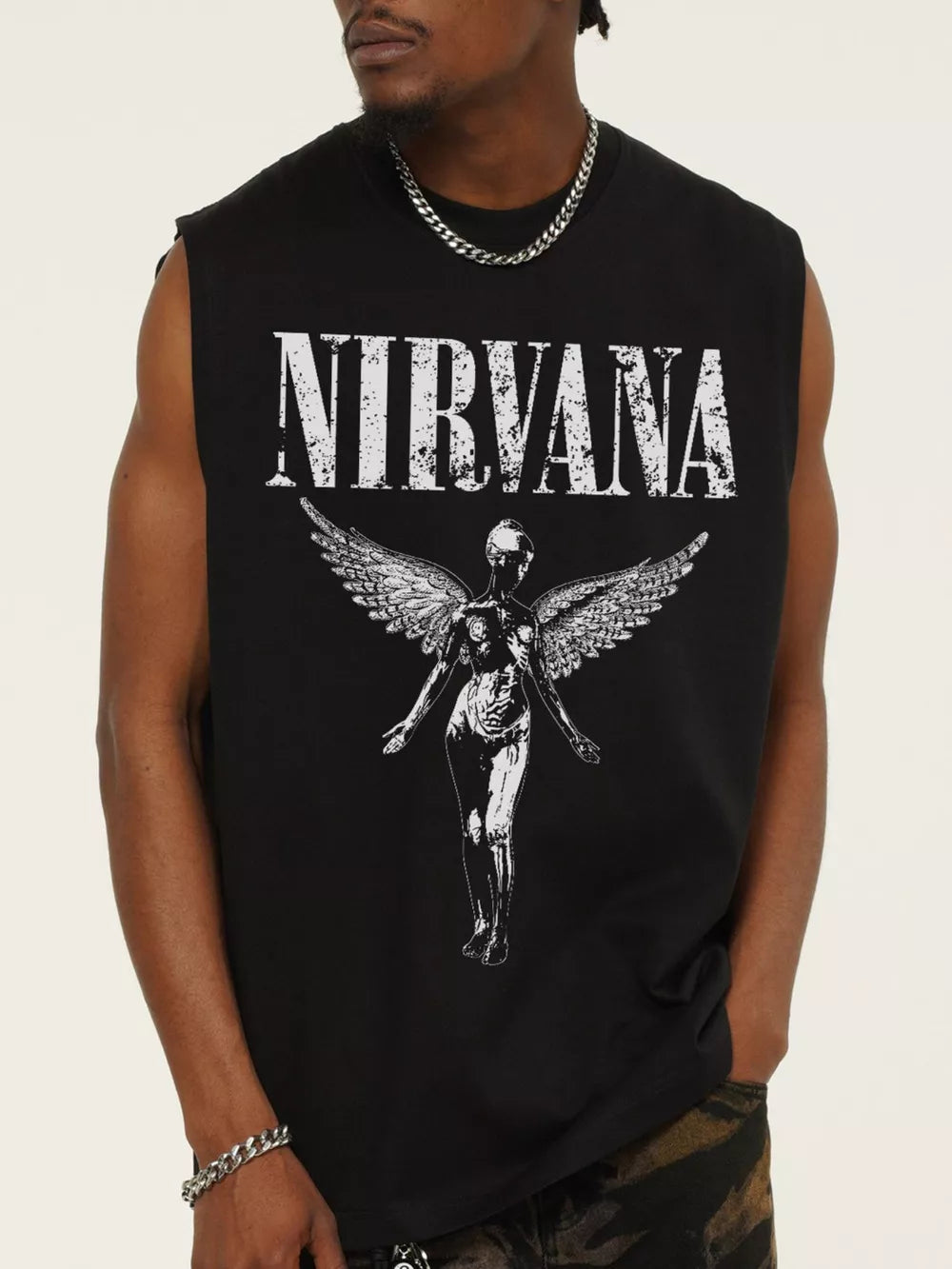 Men's black cotton tank top with distressed Nirvana graphic and winged figure.