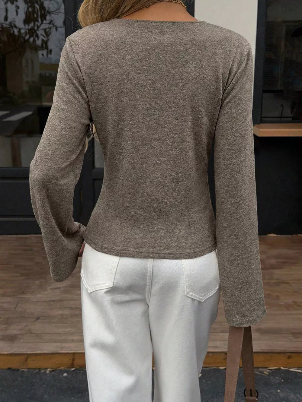 Elegant V-neck Wrap Asymmetrical Blouse in Milky White, close-up detail