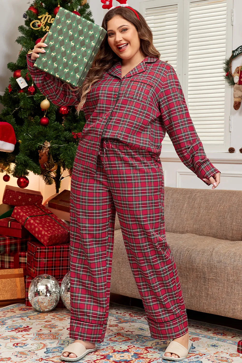 Crimson plaid relaxed fit pajama set with button-down top and wide-leg pants.