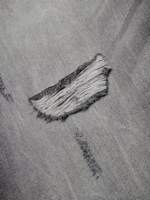 Men's distressed wide-leg jeans in grey cotton denim with frayed rips.