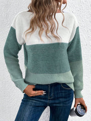 Colorblock boatneck knit sweater in white and Gum Leaf green acrylic with ribbed texture.