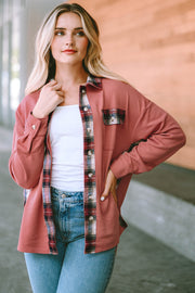 Waffle knit overshirt in blush pink with plaid trim and button front.