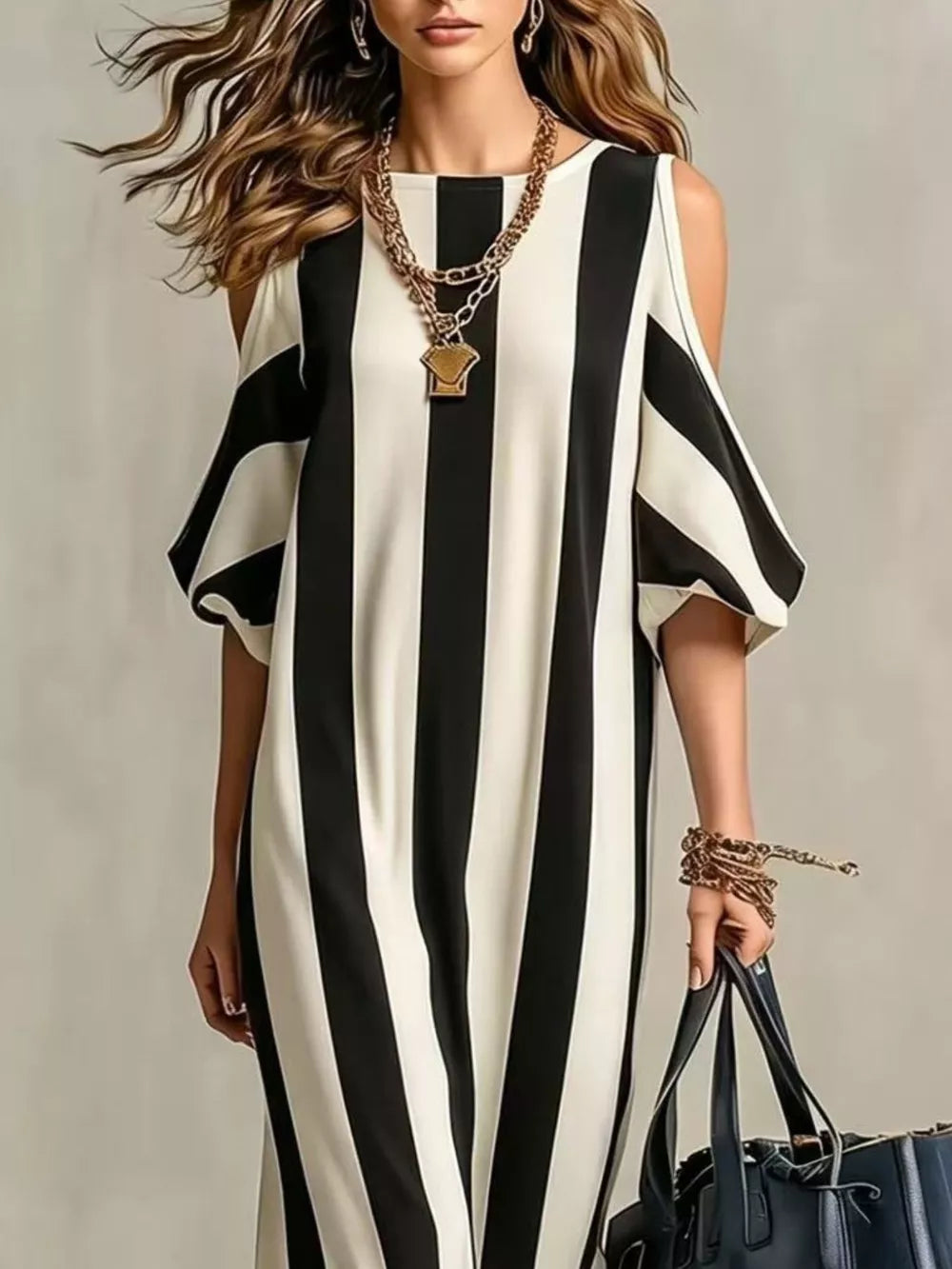 Striped Cold Shoulder Maxi Dress, model styling view