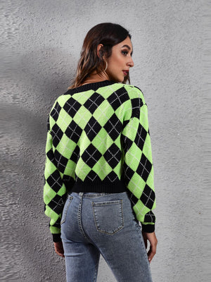 Argyle neon cropped cardigan with black trim and collar.