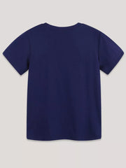 Navy blue cotton crew neck t-shirt for babies with short sleeves.