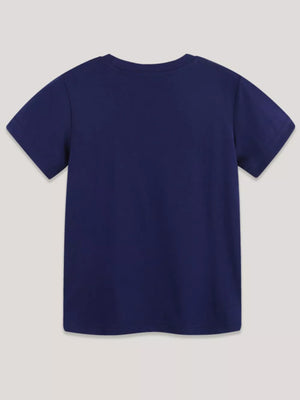 Navy blue cotton crew neck t-shirt for babies with short sleeves.