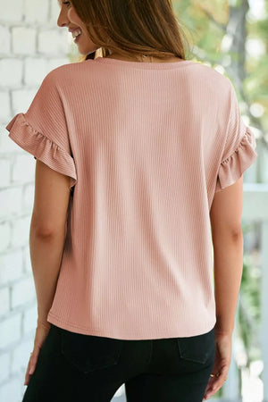 Pink ribbed maternity t-shirt with ruffled short sleeves and relaxed fit.