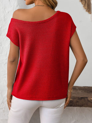 Off-the-shoulder knit tee in deep red with short sleeves and a boat neckline.