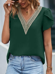 Dark green lace trim V-neck flutter sleeve blouse with casual styling.