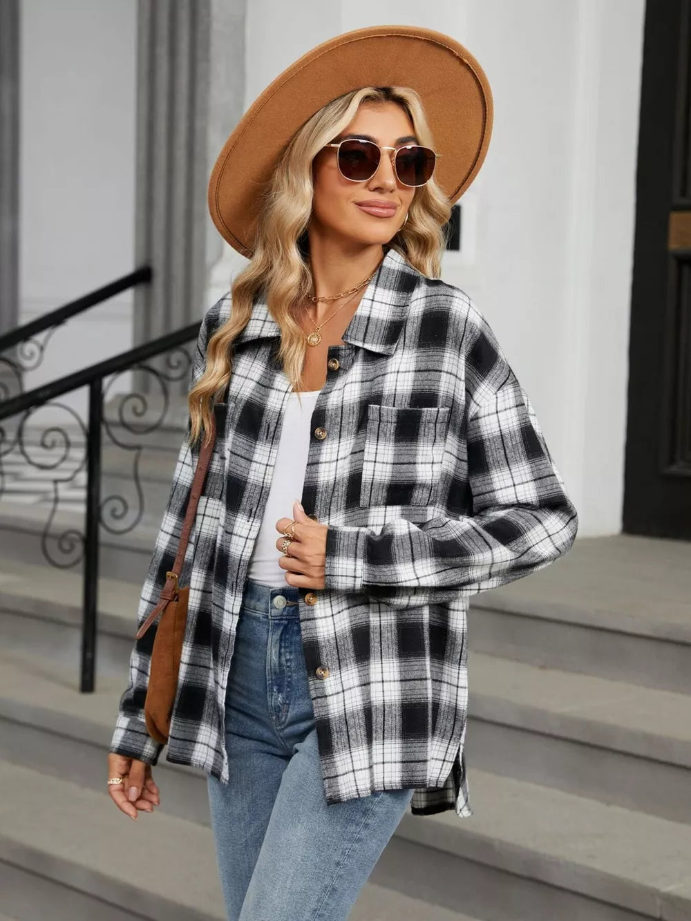 100% rayon Care instructions: Machine wash cold button-up shirt in Coffee with relaxed silhouette