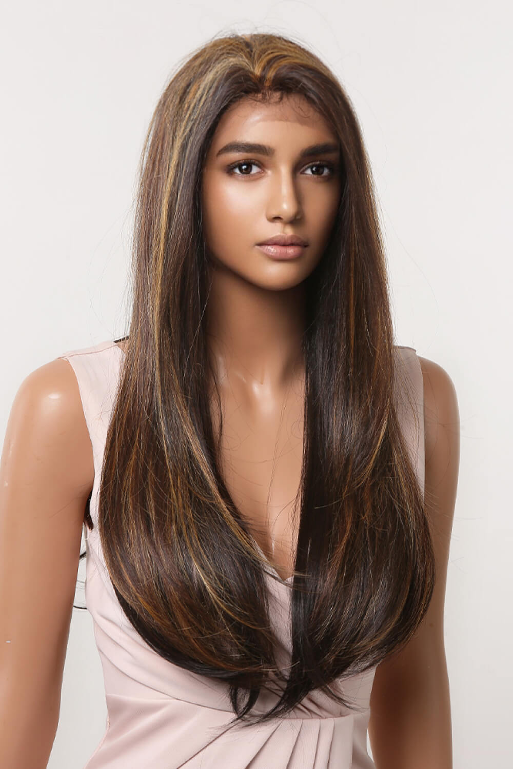 Balayage straight lace front wig in brown with caramel highlights, styled casually.