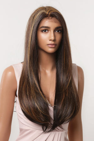 Balayage straight lace front wig in brown with caramel highlights, styled casually.