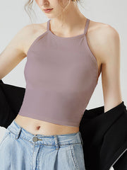 Lilac ribbed racerback crop top with thin straps and a keyhole back detail.