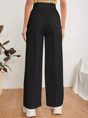 Black high-waisted maternity pants with wide legs and a center seam.