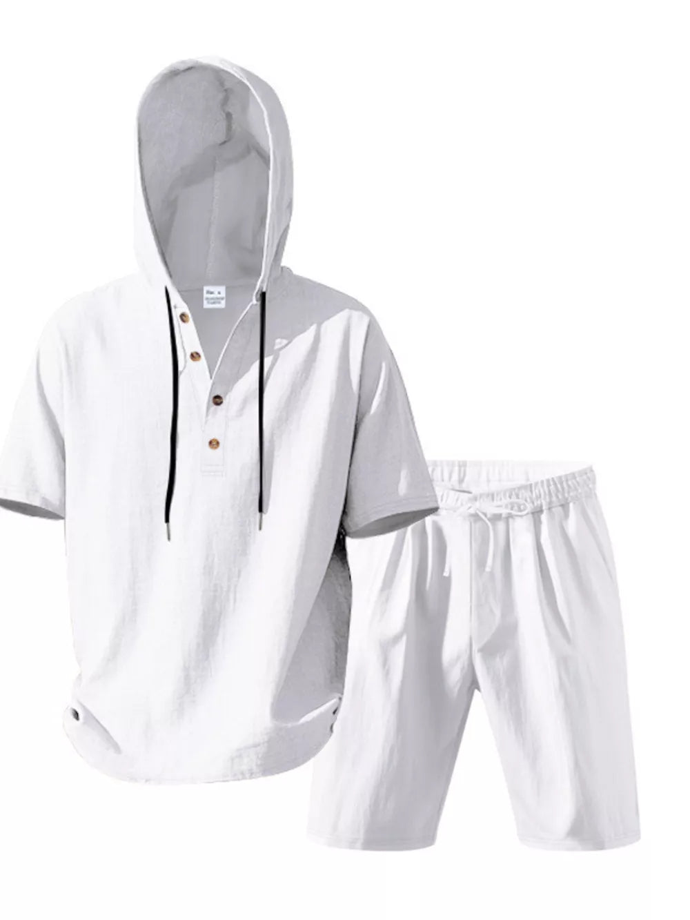 White linen blend hooded top with drawstring and button placket, paired with matching drawstring shorts.