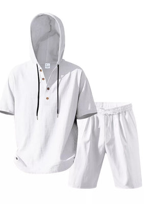 White linen blend hooded top with drawstring and button placket, paired with matching drawstring shorts.