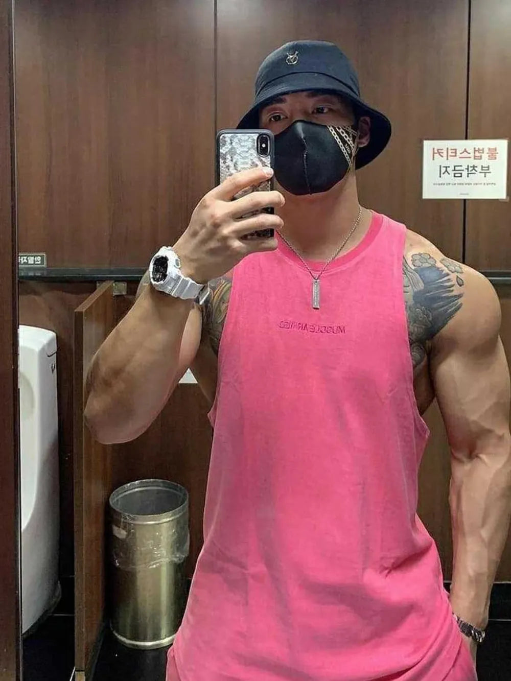 Muscle Armed Tank in Fuchsia Pink, washed cotton blend, sleeveless with crew neck.