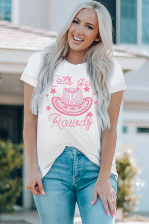 White graphic t-shirt with pink cowboy hat and stars saying "let's go Rowdy