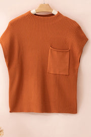 Caramel ribbed knit mock neck top with a chest pocket.