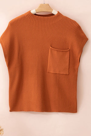 Caramel ribbed knit mock neck top with a chest pocket.