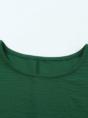 Dark green textured sleeve blouse with crew neck and elastic cuffs