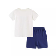 Toddler white t-shirt and navy blue shorts set with vehicle print.