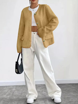 Textured button-up fleece jacket in Khaki with round neckline and patch pockets.