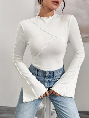 White lettuce edge t-shirt with flare sleeves and seam detail