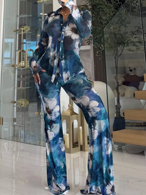 Printed Mesh Shirt And Pants Set in Sky Blue, alternate angle