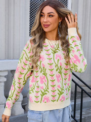 Pastel yellow acrylic crewneck sweater with pink and green floral tapestry pattern.