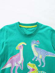 Children's green cotton t-shirt with crew neck and short sleeves featuring a dinosaur print.