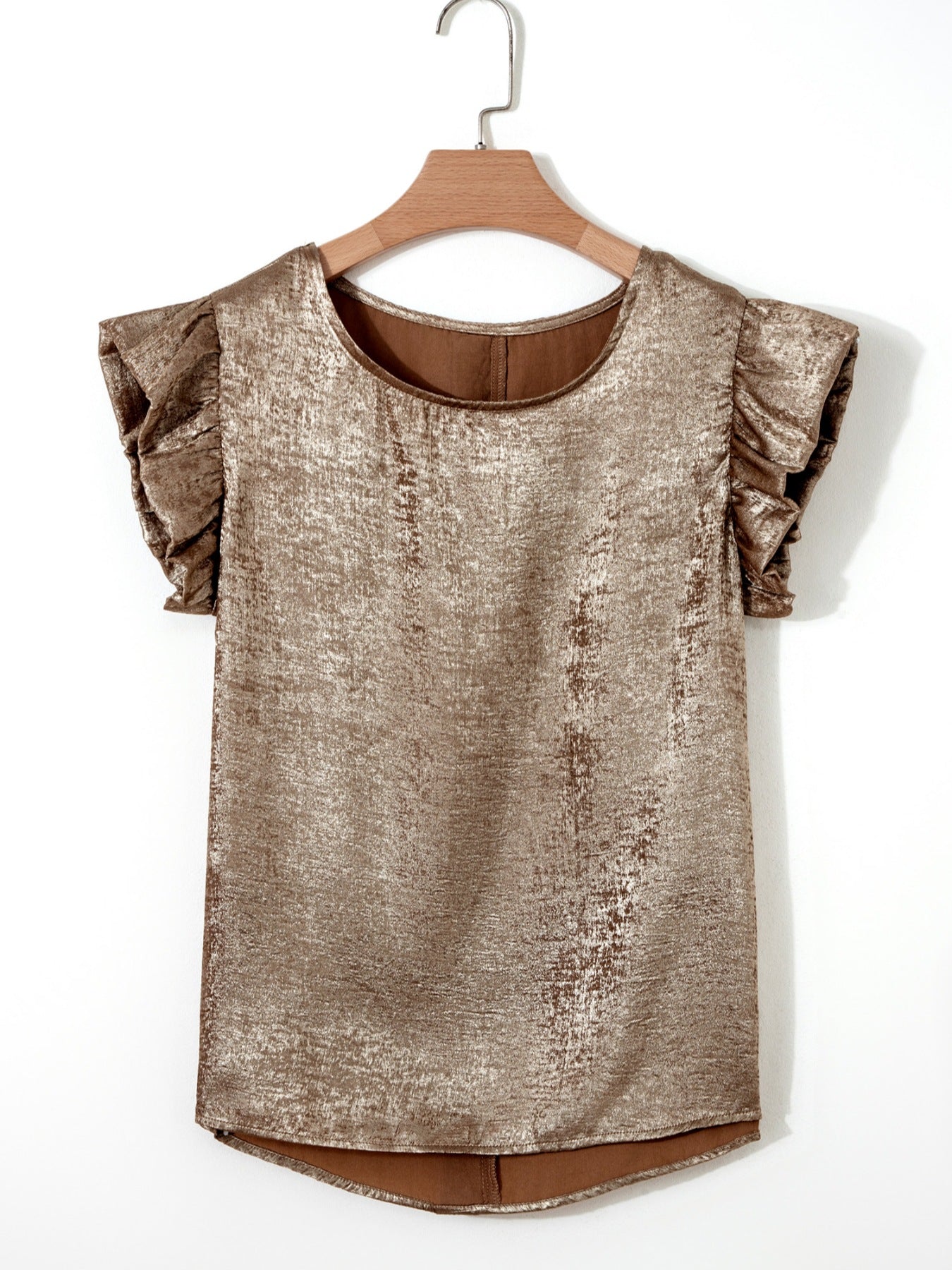 Gold ruffled neck tank top with cap sleeves and a textured finish